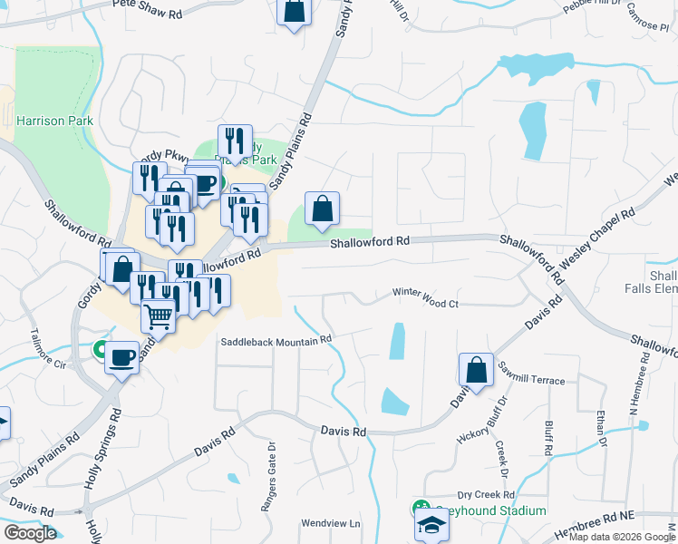map of restaurants, bars, coffee shops, grocery stores, and more near 3321 Keenland Road in Marietta