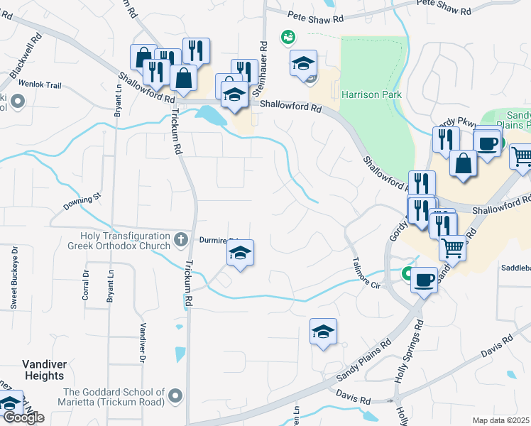 map of restaurants, bars, coffee shops, grocery stores, and more near 2651 Thornberry Place in Marietta