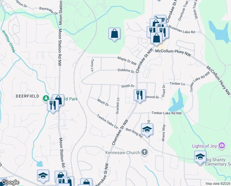 map of restaurants, bars, coffee shops, grocery stores, and more near 4011 Scarlett Lane in Kennesaw