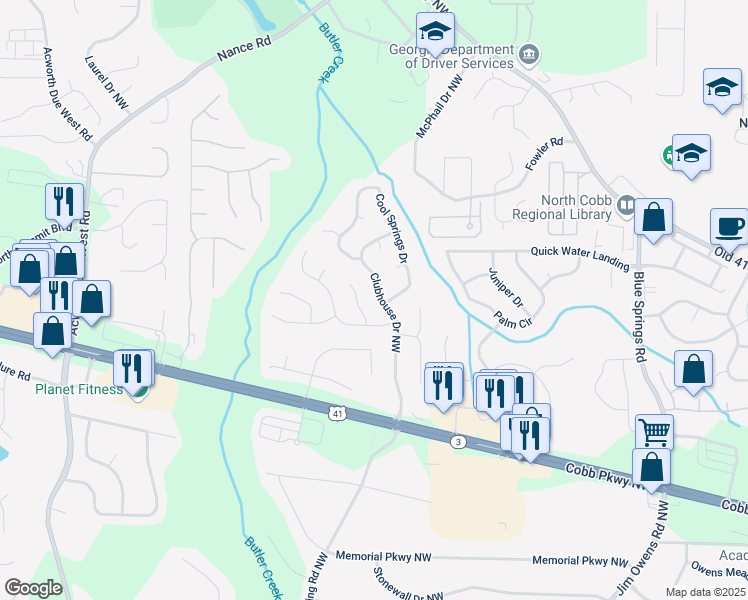 map of restaurants, bars, coffee shops, grocery stores, and more near 135 Clubhouse Drive Northwest in Kennesaw