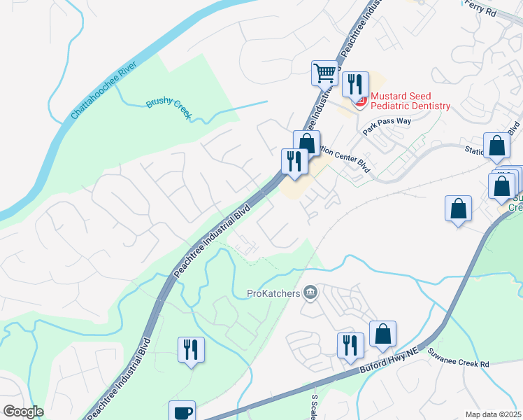 map of restaurants, bars, coffee shops, grocery stores, and more near 1090 Peachtree Industrial Boulevard in Suwanee