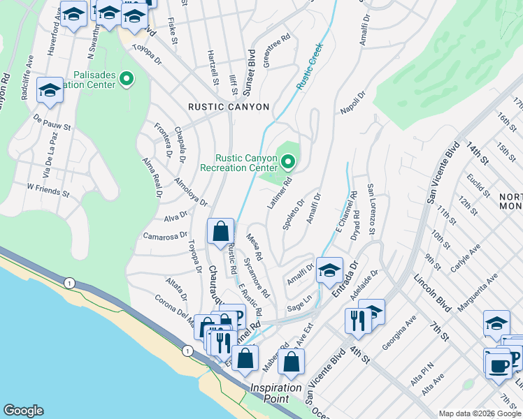 map of restaurants, bars, coffee shops, grocery stores, and more near 527 Latimer Road in Santa Monica