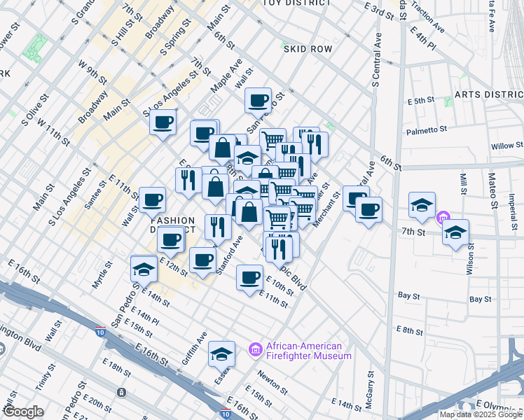 map of restaurants, bars, coffee shops, grocery stores, and more near 905 East 8th Street in Los Angeles