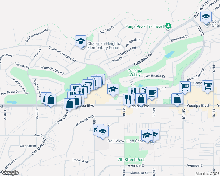 map of restaurants, bars, coffee shops, grocery stores, and more near 33800 Chapman Heights Road in Yucaipa