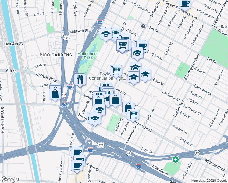 map of restaurants, bars, coffee shops, grocery stores, and more near 654 South Soto Street in Los Angeles