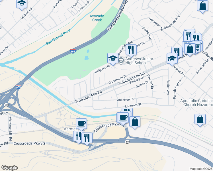 map of restaurants, bars, coffee shops, grocery stores, and more near 1308 Grossmont Drive in Whittier