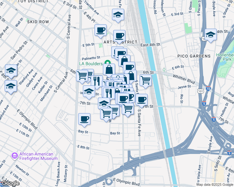 map of restaurants, bars, coffee shops, grocery stores, and more near 1855 Industrial Street in Los Angeles