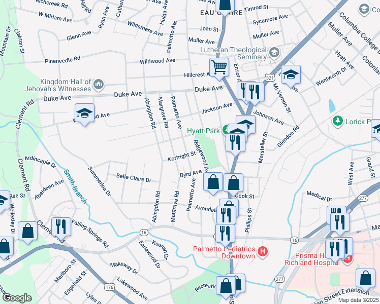 map of restaurants, bars, coffee shops, grocery stores, and more near 3800 Palmetto Avenue in Columbia