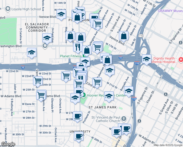 map of restaurants, bars, coffee shops, grocery stores, and more near 1038 West 21st Street in Los Angeles