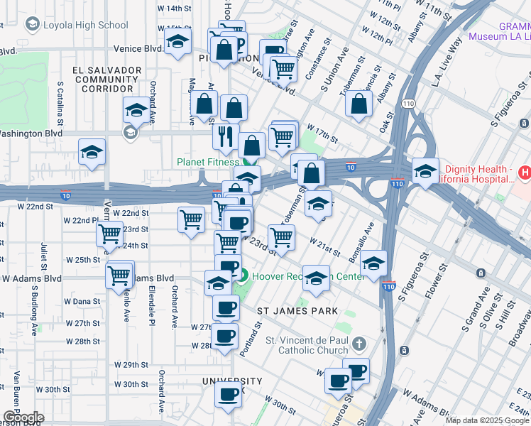 map of restaurants, bars, coffee shops, grocery stores, and more near 1038 West 21st Street in Los Angeles