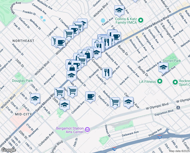 map of restaurants, bars, coffee shops, grocery stores, and more near 1503 Franklin Street in Santa Monica