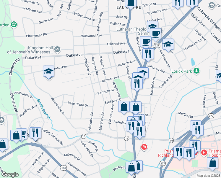 map of restaurants, bars, coffee shops, grocery stores, and more near 3809 Ridgewood Avenue in Columbia