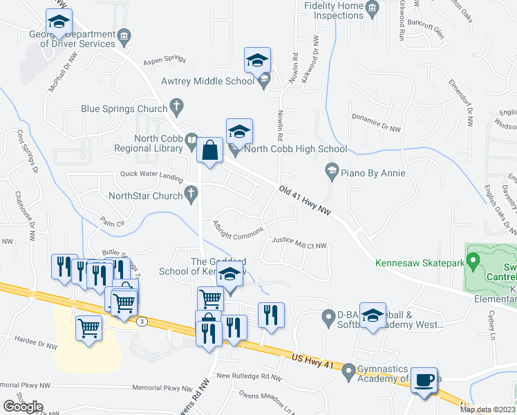 map of restaurants, bars, coffee shops, grocery stores, and more near 3305 Blue Springs Station Northwest in Kennesaw