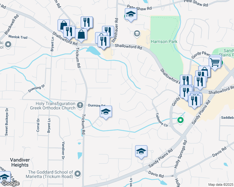 map of restaurants, bars, coffee shops, grocery stores, and more near 2651 Thornberry Place in Marietta