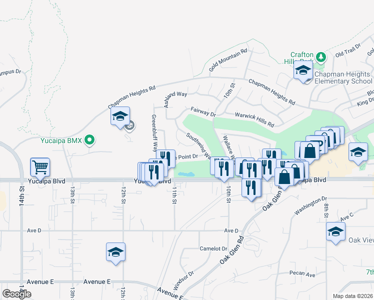 map of restaurants, bars, coffee shops, grocery stores, and more near 33139 Bayhill Road in Yucaipa