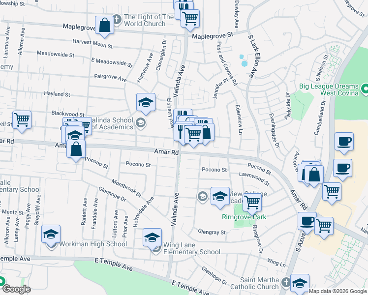 map of restaurants, bars, coffee shops, grocery stores, and more near 1001 East Amar Road in West Covina
