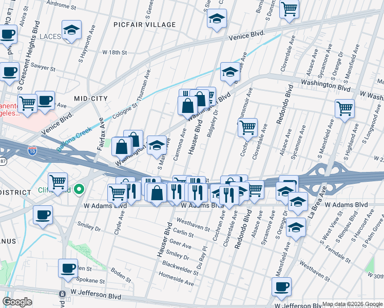 map of restaurants, bars, coffee shops, grocery stores, and more near 2226 Carmona Avenue in Los Angeles