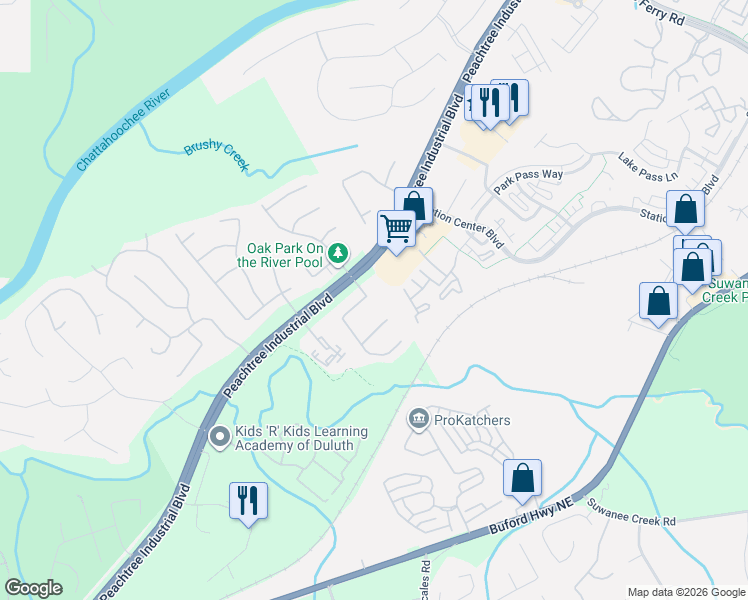 map of restaurants, bars, coffee shops, grocery stores, and more near 3875 Oak Park Drive in Suwanee