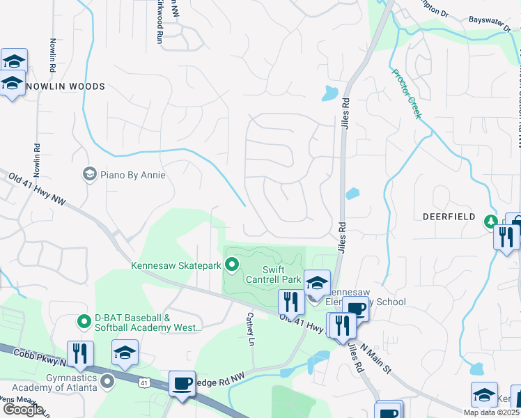 map of restaurants, bars, coffee shops, grocery stores, and more near 3419 English Oaks Dr NW in Kennesaw
