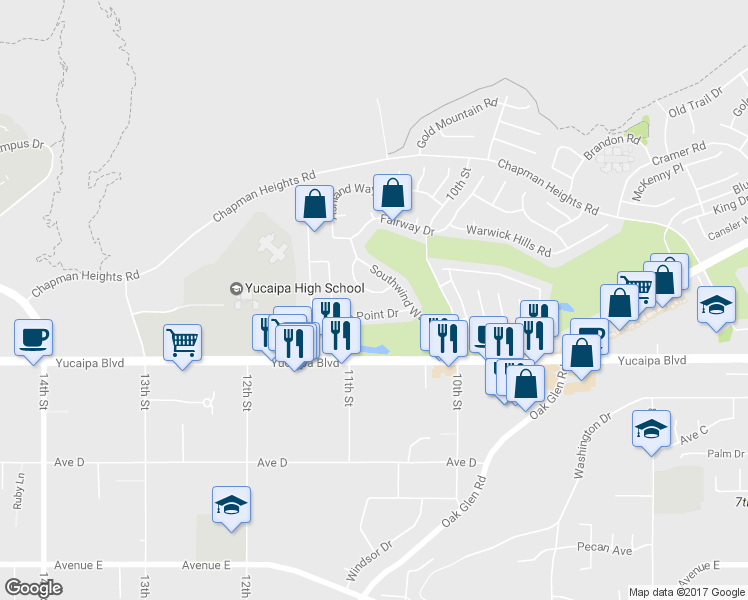map of restaurants, bars, coffee shops, grocery stores, and more near 33139 Bayhill Road in Yucaipa