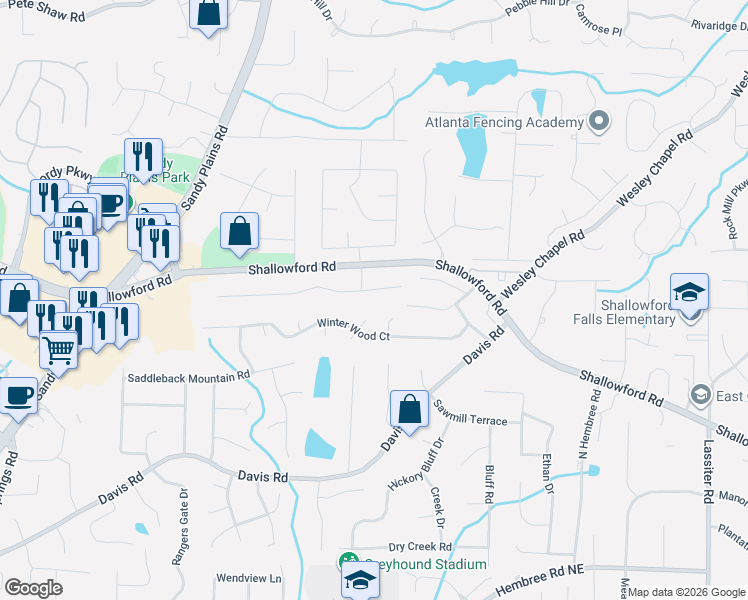 map of restaurants, bars, coffee shops, grocery stores, and more near 3353 Keenland Road in Marietta