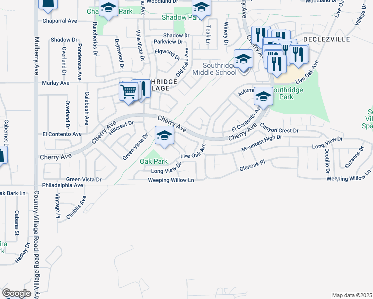 map of restaurants, bars, coffee shops, grocery stores, and more near 14240 Walmac Place in Fontana