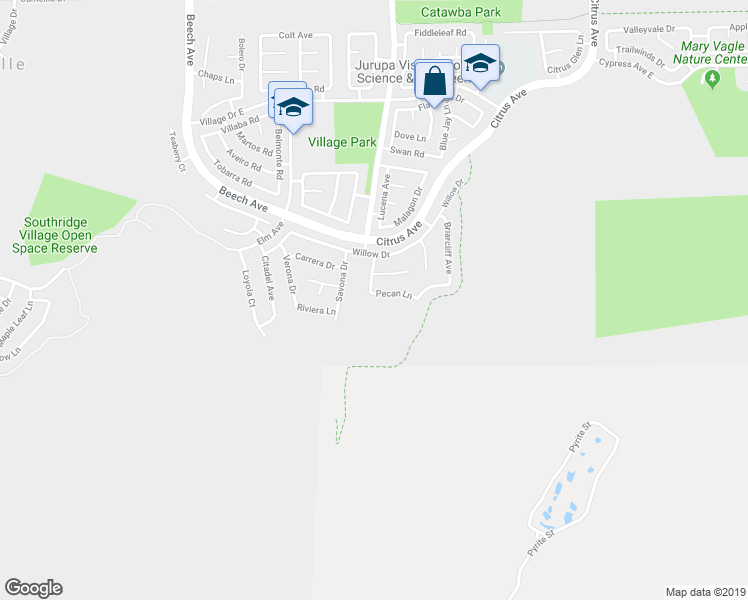 map of restaurants, bars, coffee shops, grocery stores, and more near 15677 Pecan Lane in Fontana