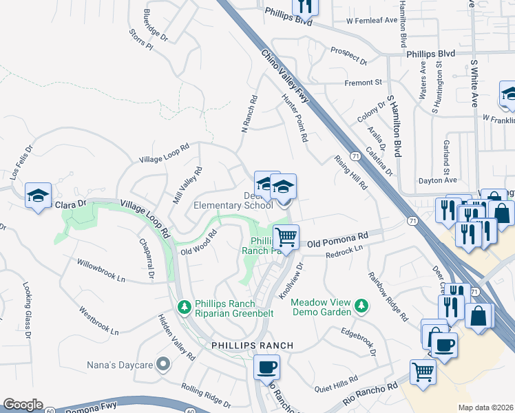 map of restaurants, bars, coffee shops, grocery stores, and more near 9 Frontier Road in Pomona
