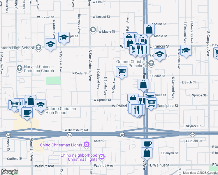 map of restaurants, bars, coffee shops, grocery stores, and more near 2034 South Bonita Avenue in Ontario