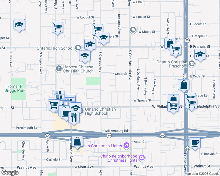 map of restaurants, bars, coffee shops, grocery stores, and more near 708 West Laroda Court in Ontario