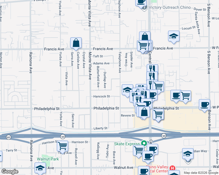 map of restaurants, bars, coffee shops, grocery stores, and more near 11937 Dunlap Avenue in Chino
