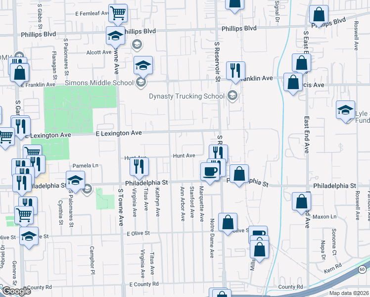 map of restaurants, bars, coffee shops, grocery stores, and more near 1017 Airshire Lane in Pomona