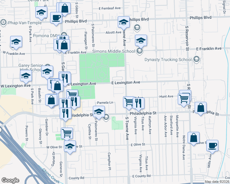 map of restaurants, bars, coffee shops, grocery stores, and more near 1913 Harwood Drive in Pomona