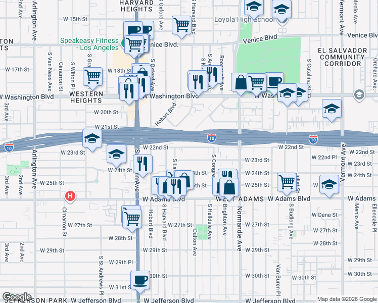 map of restaurants, bars, coffee shops, grocery stores, and more near 1955 West 22nd Street in Los Angeles