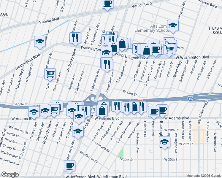 map of restaurants, bars, coffee shops, grocery stores, and more near 2303 South Highland Avenue in Los Angeles