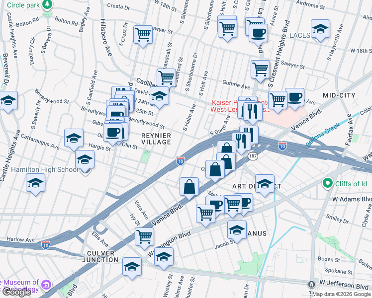 map of restaurants, bars, coffee shops, grocery stores, and more near 2618 South Halm Avenue in Los Angeles