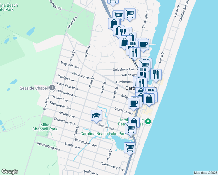 map of restaurants, bars, coffee shops, grocery stores, and more near 407 Harper Avenue in Carolina Beach