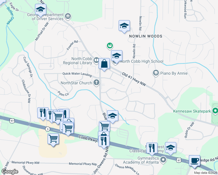 map of restaurants, bars, coffee shops, grocery stores, and more near 3329 Blue Springs Station Northwest in Kennesaw