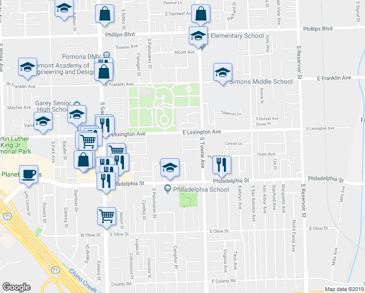 map of restaurants, bars, coffee shops, grocery stores, and more near Harwood Drive in Pomona