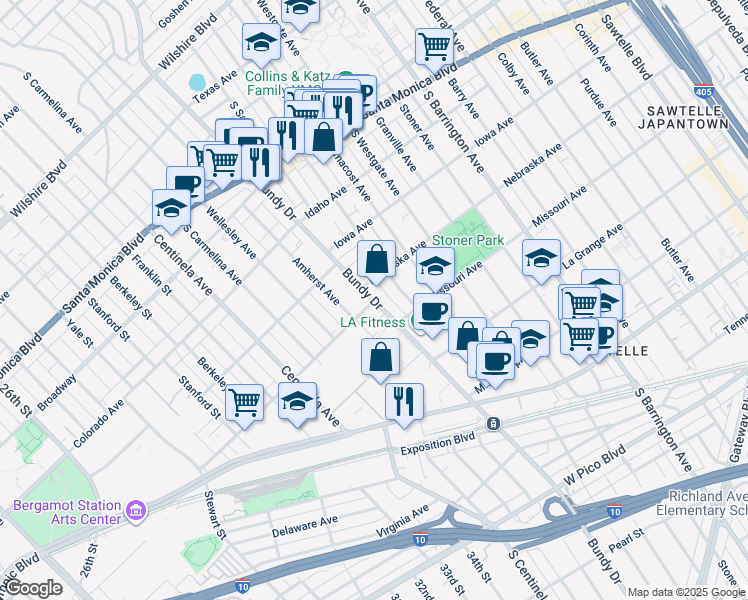 map of restaurants, bars, coffee shops, grocery stores, and more near S Bundy Dr & Nebraska Ave in Los Angeles