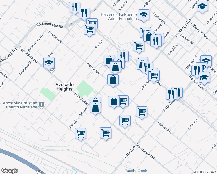 map of restaurants, bars, coffee shops, grocery stores, and more near 320 South 5th Avenue in La Puente