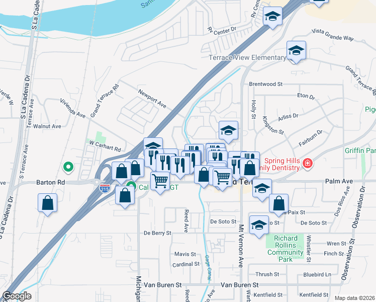 map of restaurants, bars, coffee shops, grocery stores, and more near 22416 Canal Circle in Grand Terrace