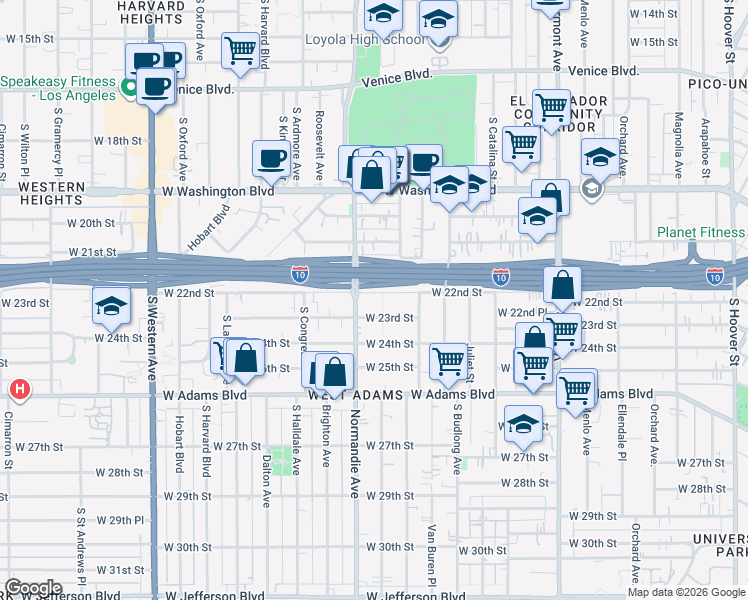 map of restaurants, bars, coffee shops, grocery stores, and more near 1752 West 22nd Street in Los Angeles