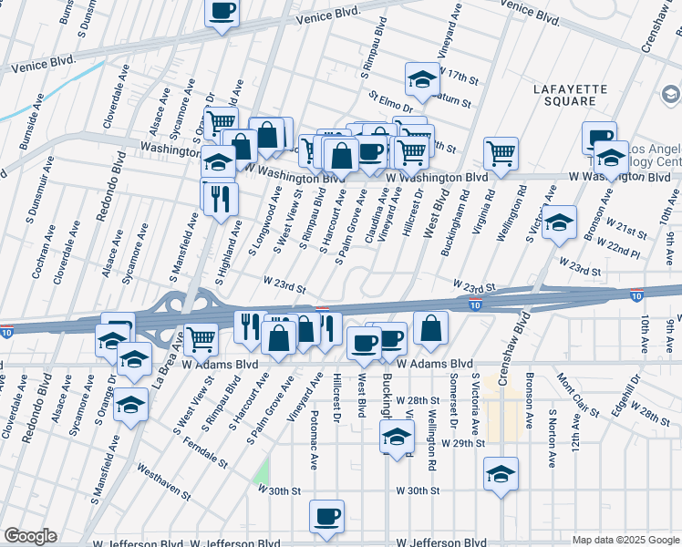 map of restaurants, bars, coffee shops, grocery stores, and more near 2118 South Palm Grove Avenue in Los Angeles