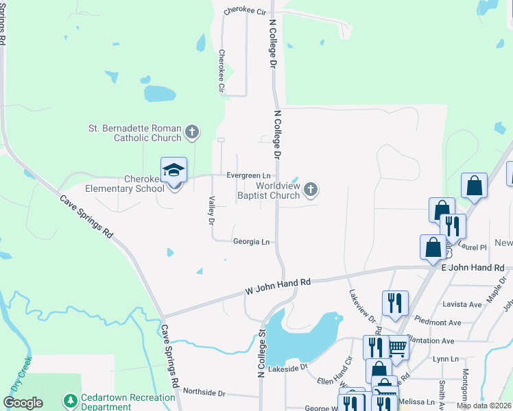 map of restaurants, bars, coffee shops, grocery stores, and more near 59 Evergreen Lane in Cedartown