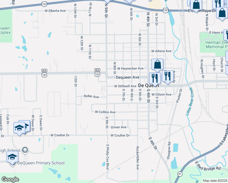 map of restaurants, bars, coffee shops, grocery stores, and more near 823 West Stillwell Avenue in De Queen