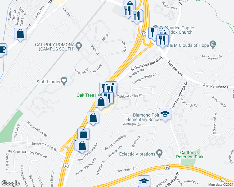 map of restaurants, bars, coffee shops, grocery stores, and more near 23703 Highland Valley Road in Diamond Bar