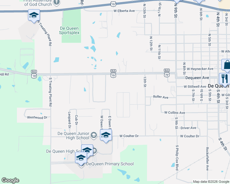 map of restaurants, bars, coffee shops, grocery stores, and more near 100 Broken Pine Street in De Queen