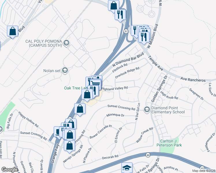 map of restaurants, bars, coffee shops, grocery stores, and more near 23777 Highland Valley Road in Diamond Bar