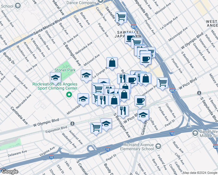 map of restaurants, bars, coffee shops, grocery stores, and more near 1640 Barry Avenue in Los Angeles